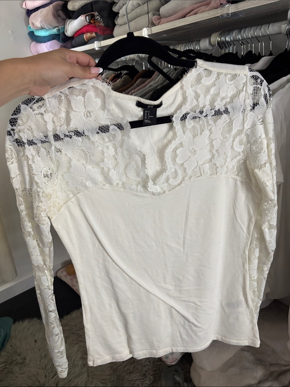 Lace Yoke Long Sleeve Women's Top - White